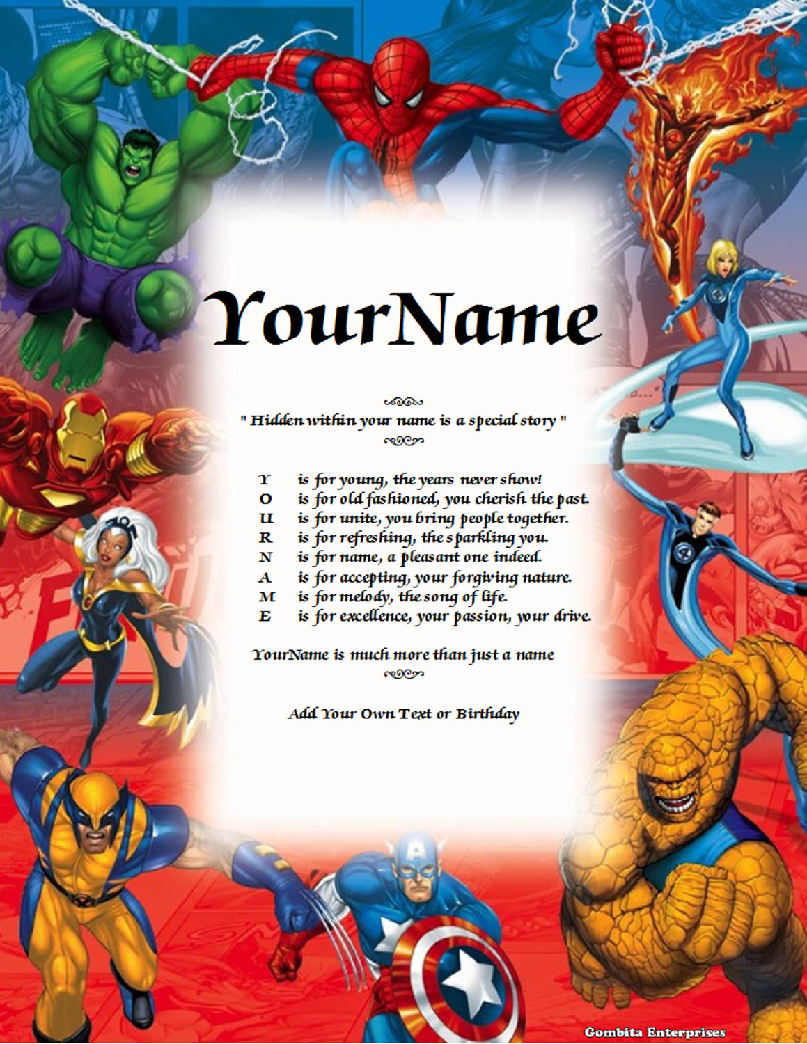 Marvel Heroes Child Name Poem Story