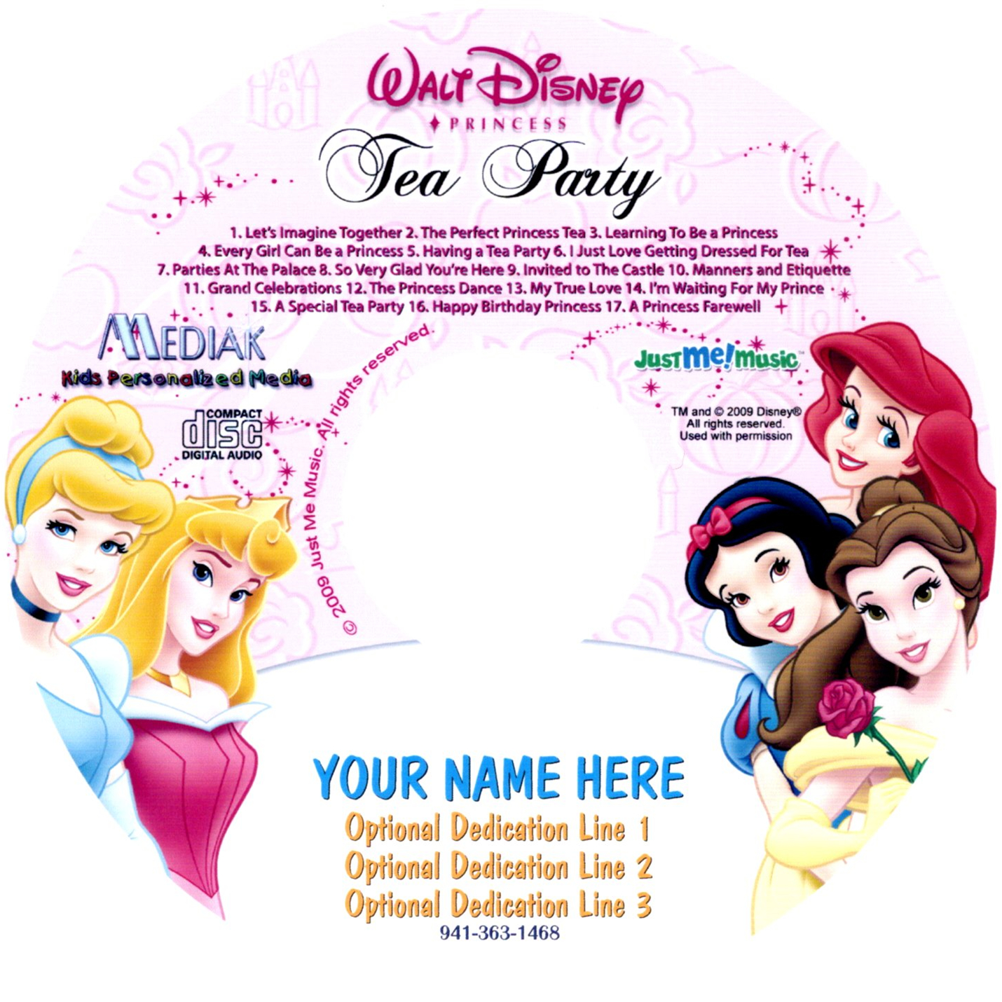 WALT DISNEY PRINCESS TEA PARTY - NAME PERSONALIZED - CD DISK & OPTIONAL DIGITAL MP3
