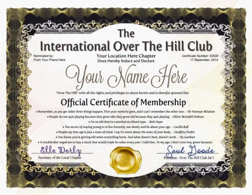 Over The Hill - Old Farts Club Certificates - Mail