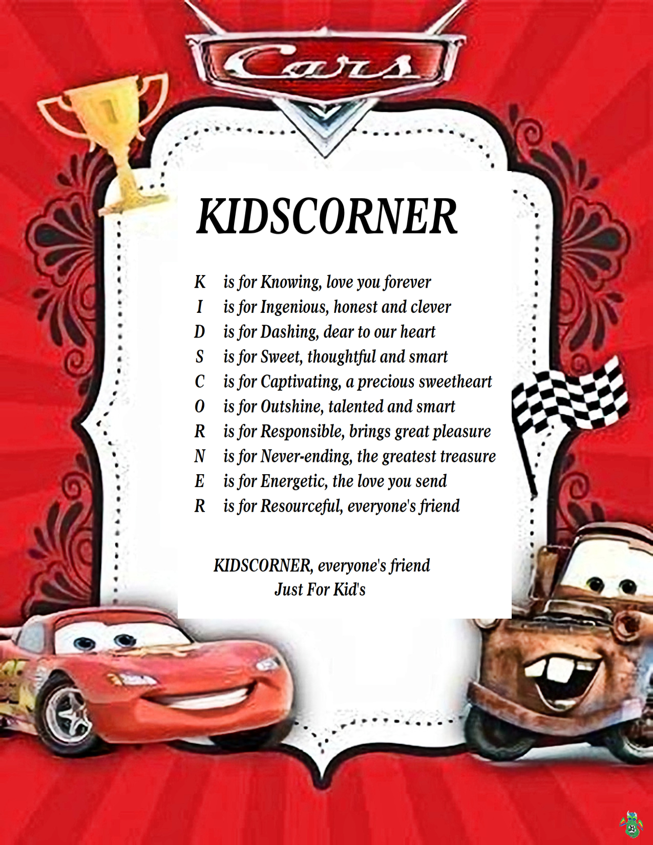 Kid's Corner Cars A  Child's Name Poem 