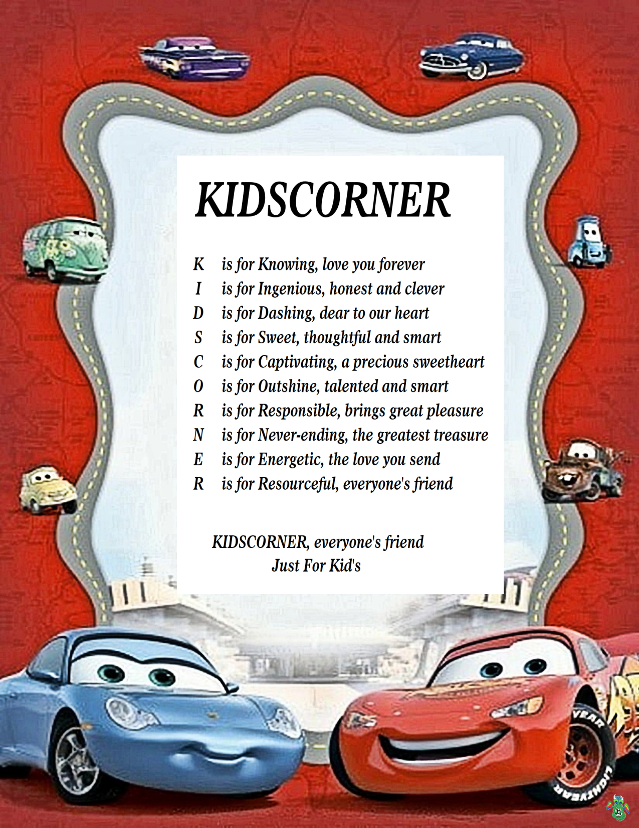 Kid's Corner Cars B Child's Name Poem 