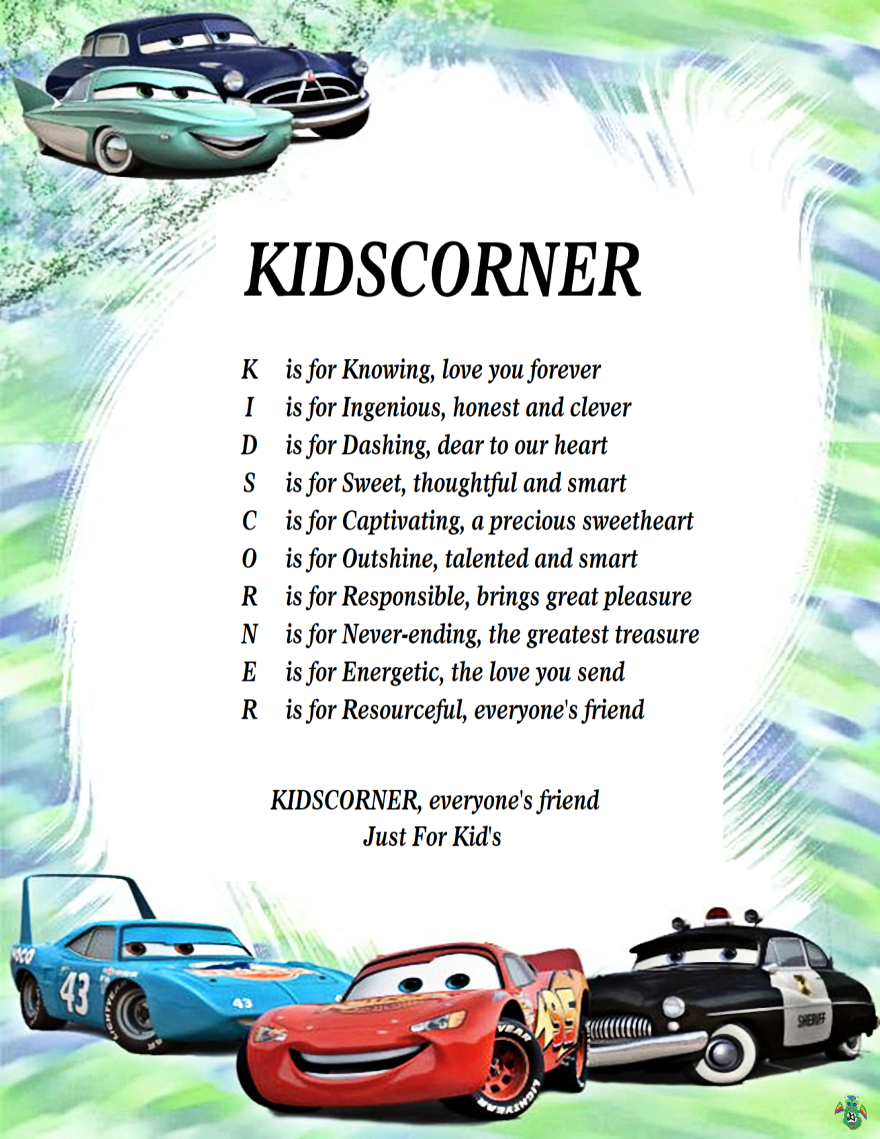 Kid's Corner Cars D Child's Name Poem 