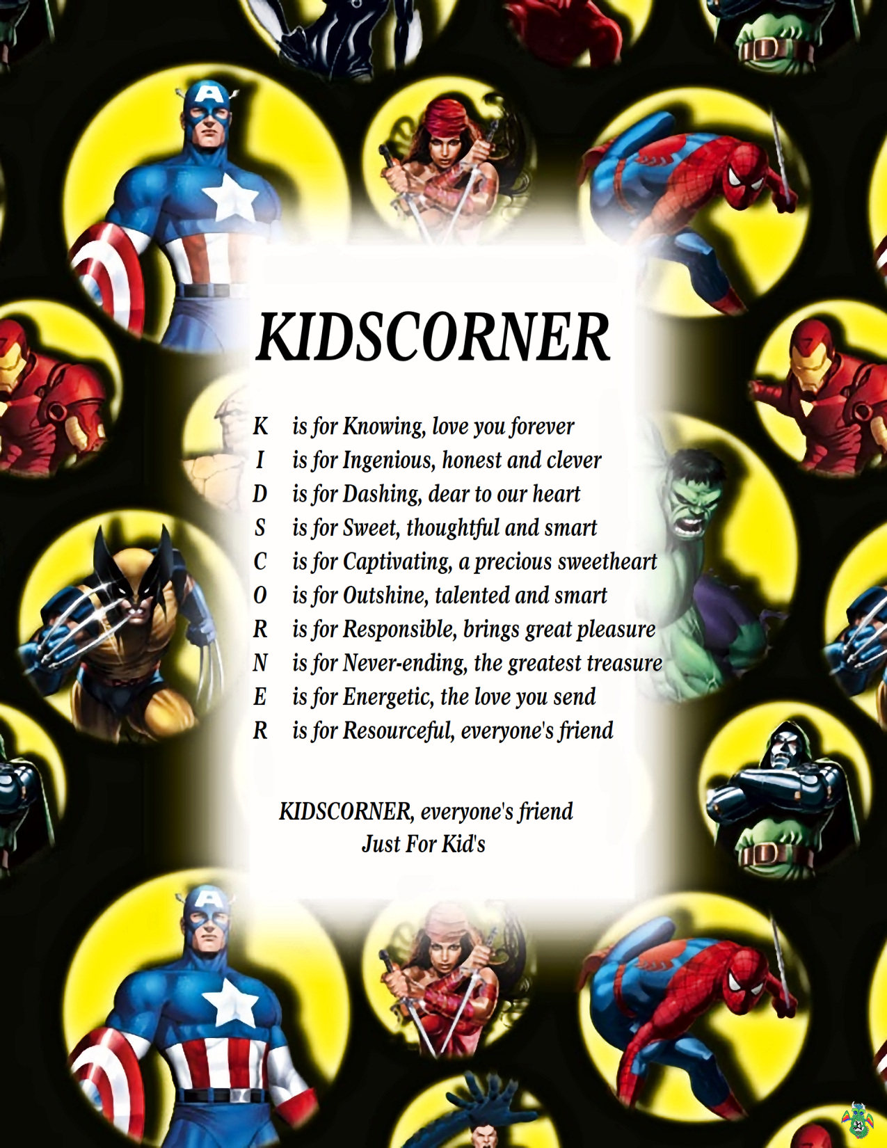 Kid's Corner Super Heroes Child's Name Poem 