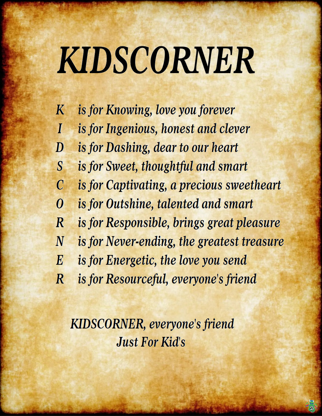 Kid's Corner Antique Parchment Portrait Child's Name Poem Digital Download